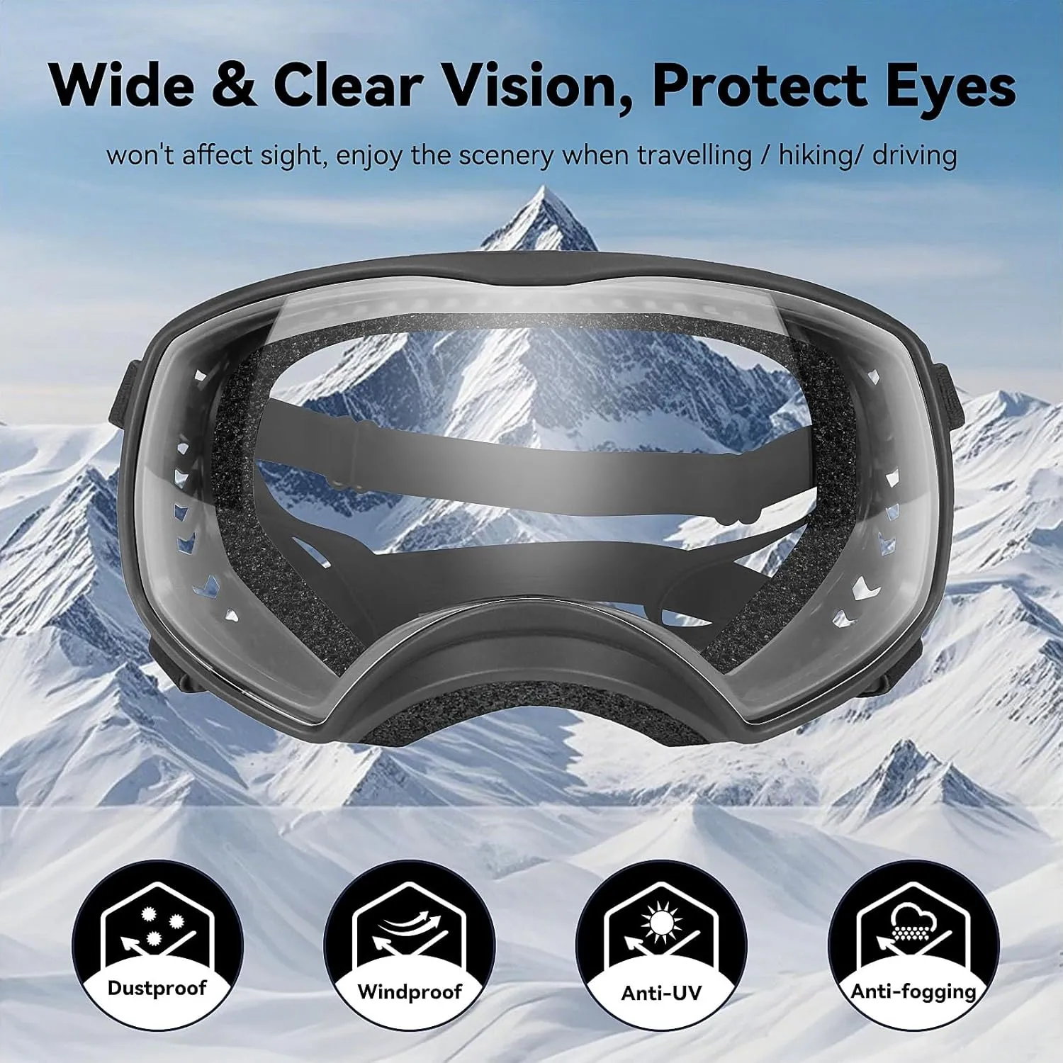 Dog Sunglasses UV Protection Clear Dog Goggles Windproof Glasses with Elastic Straps for Medium-Large Breed, Black Frame   Clear Lens