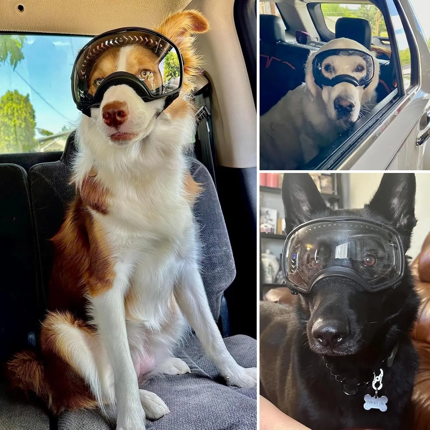 Dog Sunglasses UV Protection Clear Dog Goggles Windproof Glasses with Elastic Straps for Medium-Large Breed, Black Frame   Clear Lens