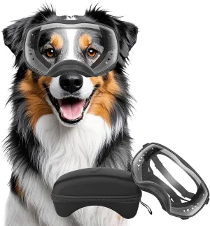 Dog Sunglasses UV Protection Clear Dog Goggles Windproof Glasses with Elastic Straps for Medium-Large Breed, Black Frame   Clear Lens