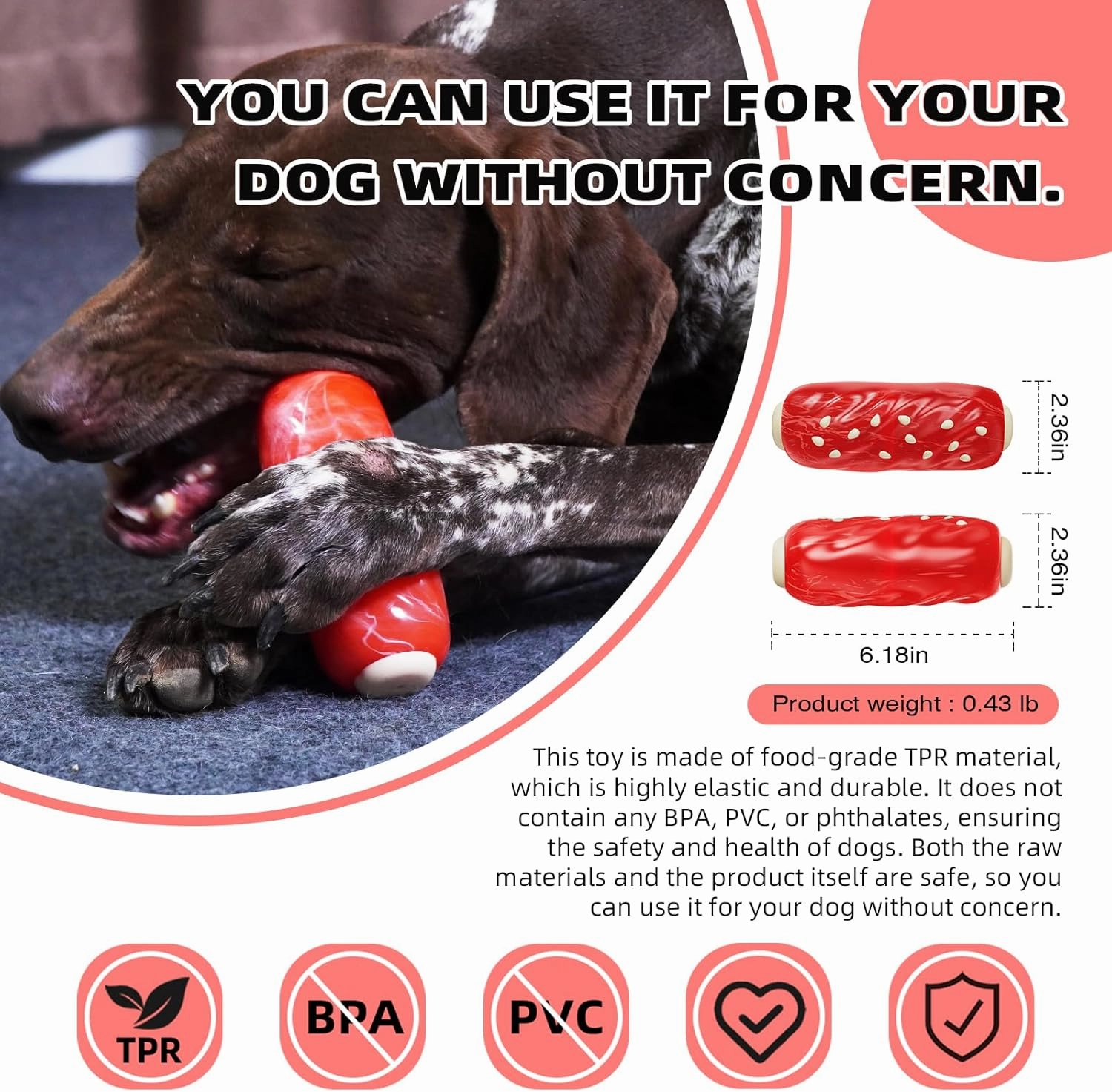 Dog Chew Toys for Aggressive-Chewers - Indestructible Dog Toy for Aggressive Chewer，Tough Chew Toys for Dogs （Rubber Red Meat Stick）