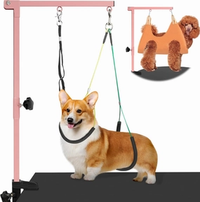 Dog Grooming Arm with Pet Grooming Hammock, 35" Pet Grooming Table Arm with Adjustable No Sit Haunch Holders, Dog Grooming Stand with Loop Noose for Small and Medium Pets, Pink