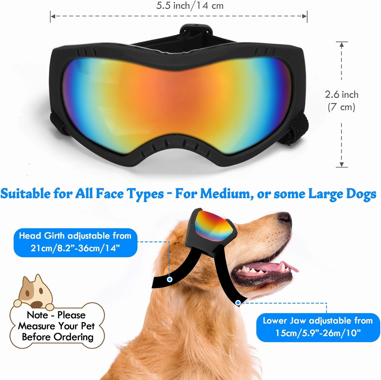 Dog Sunglasses Dog Goggles Pet Glasses Pet Eyewear with Adjustable Strap, Glasses for Medium Large Dog Swimming Skating Glasses UV Proof Windproof Dustproof (Black Frame   Colorful Lens)