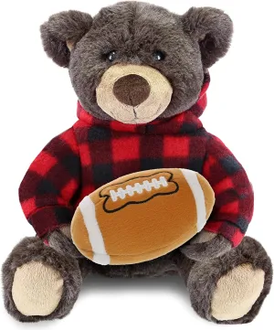 DolliBu Brown Bear Stuffed Animal with Football Plush – Super Soft Huggable Bear with Red Plaid Hoodie, Plush Toy Wildlife Gift for Kids and Adults - 10 Inches