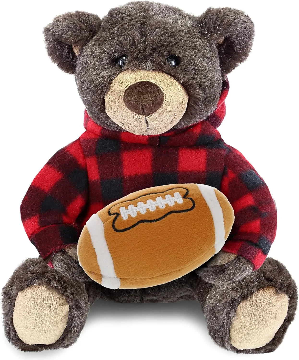 DolliBu Brown Bear Stuffed Animal with Football Plush – Super Soft Huggable Bear with Red Plaid Hoodie, Plush Toy Wildlife Gift for Kids and Adults - 10 Inches