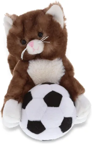 DolliBu Brown Cat Stuffed Animal with Soccer Ball Plush - Soft Huggable Cat, Adorable Playtime Cat Plush Toy, Cute Pet Life Sports Gift for Kids and Adults - 7 Inch