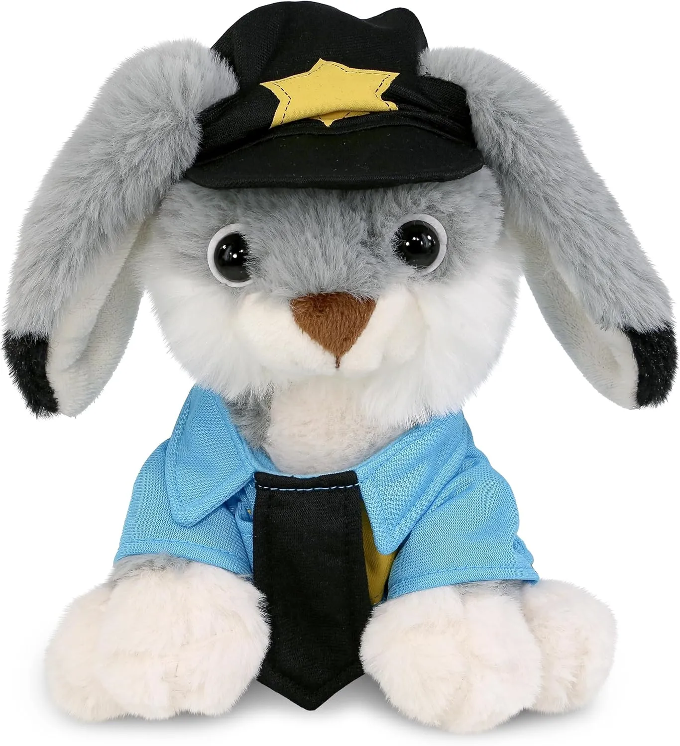 DolliBu Grey Rabbit Police Officer Super Soft Plush Toy - Soft Rabbit Cop Stuffed Animal Dress Up with Cute Cop Uniform and Cap Outfit - Gift with Personalization - 7 Inches