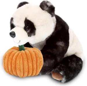 DolliBu Halloween Stuffed Animal Squat Panda Plush with Pumpkin - Cute Squat Panda Bear Stuffed Animal with Small Pumpkin Plush Perfect Halloween Plush Toys for Baby, Kids, Adults - 7 Inches