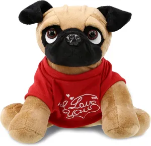 DolliBu I Love You Valentine Plush Pug Dog - Cute Soft Cuddly Stuffed Animal with Red Heart Shirt for Valentines Day, Birthday Present, Anniversary, Romantic Date - 9 Inches