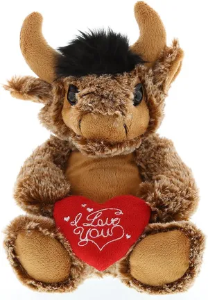 DolliBu I Love You Valentine Plush Sitting Buffalo - Cute Soft Cuddly Stuffed Animal with Red Heart Gift for Valentines Day, Birthday Present, Anniversary, Romantic Date - 8 Inches