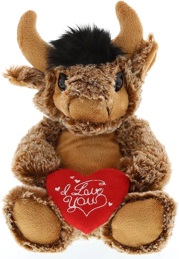 DolliBu I Love You Valentine Plush Sitting Buffalo - Cute Soft Cuddly Stuffed Animal with Red Heart Gift for Valentines Day, Birthday Present, Anniversary, Romantic Date - 8 Inches