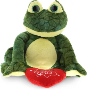 DolliBu I Love You Valentine Plush Squat Green Frog - Cute Stuffed Animal with Red Heart and Name Personalization Gift for Valentines Day, Birthday, Anniversary - 6 Inches