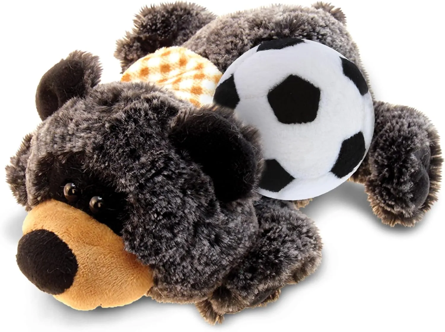 DolliBu Lying Black Bear Stuffed Animal with Soccer Ball Plush - Soft Plush Huggable Bear, Adorable Playtime Plush Toy Cute Wildlife Gift for Kids and Adults – 9 Inches