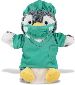 DolliBu Penguin Doctor Plush Hand Puppet Toy - Super Soft Penguin Doctor Stuffed Animal Dress Up with Cute Scrub Uniform and Cap Outfit - Fluffy Doctor Toy Plush Gift - 8.5 Inches