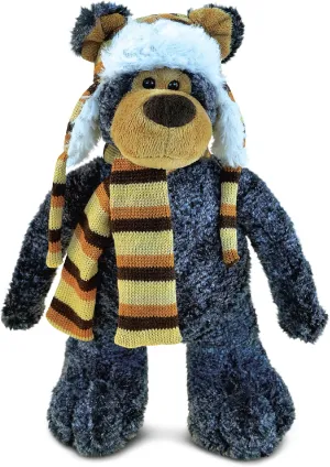 DolliBu Plush Black Bear Stuffed Animal - Soft Plush Huggable Standing Black Bear Wearing Hat & Scarf, Adorable Plush Toy Wild Life Cuddle Gifts for Kids & Adults - 11 Inches
