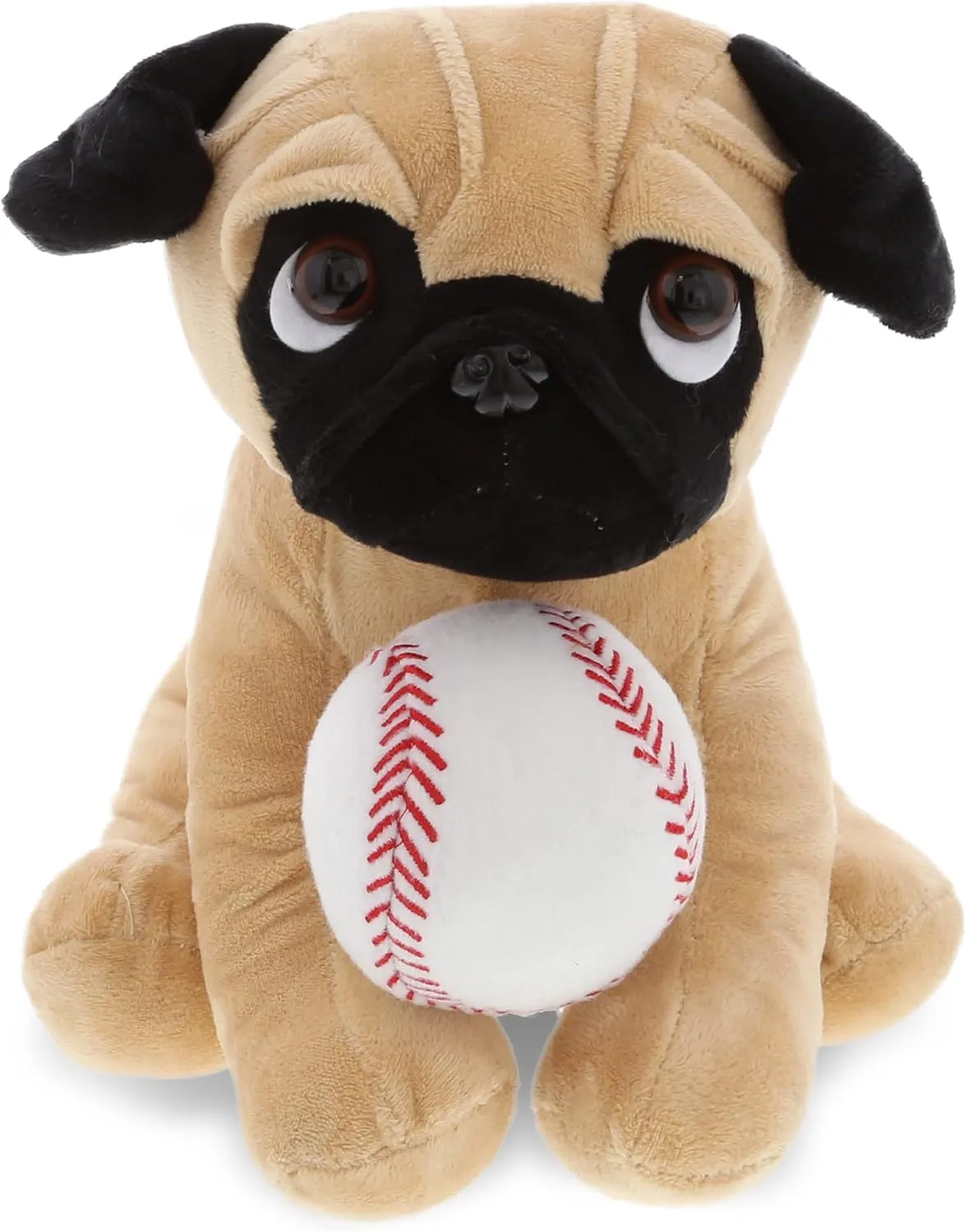 DolliBu Pug Dog Stuffed Animal with Baseball Plush - Soft Huggable Pug Dog, Adorable Playtime Dog Plush Toy, Cute Pet Life Sports Gift for Kids and Adults - 10 Inch