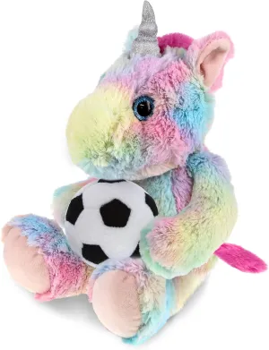 DolliBu Sitting Rainbow Unicorn Stuffed Animal with Soccer Ball Plush - Soft Huggable Unicorn Playtime Plush Toy, Cute Fantasy Gift for Kids and Adults - 10 Inches