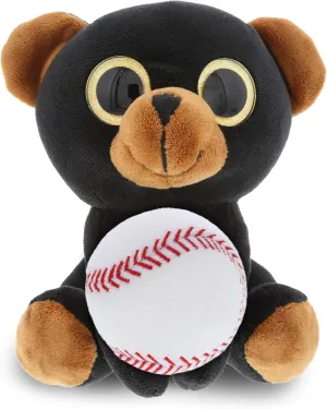 DolliBu Sparkling Eyes Large Black Bear Stuffed Animal with Baseball Plush, Soft Huggable Bear Plush Toy, Personalized Soft Plush Doll Animal Toy for Kids and Adults - 8 Inch