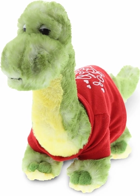 DolliBu I Love You Green Dinosaur Plush – Cute Stuffed Animal with Red Shirt and Name Personalization for Valentine, 10 Inches