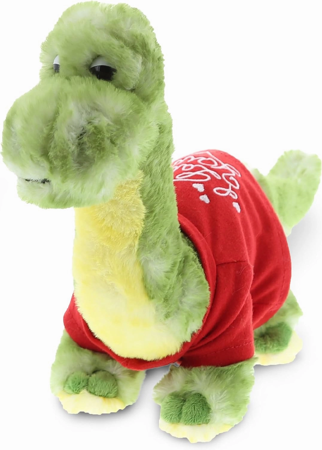 DolliBu I Love You Green Dinosaur Plush – Cute Stuffed Animal with Red Shirt and Name Personalization for Valentine, 10 Inches
