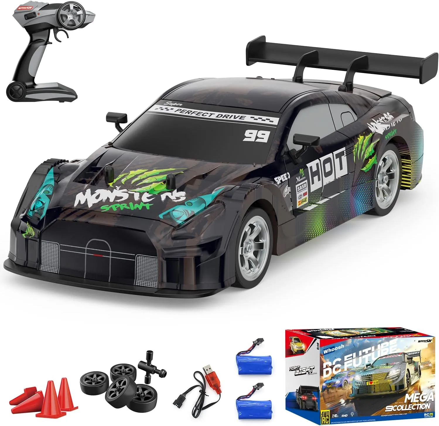 Dollox RC Drift Car 1/16 Scale Remote Control Car 2.4GHz 4WD 30 KM/H High Speed Vehicle with LED Lights, Extra Drifting Tires Racing Black Vehicle Toys Birthday Gifts (191AB) (Black&Green)