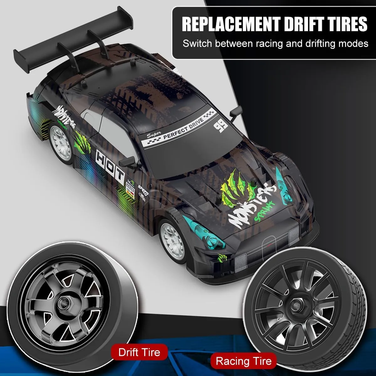 Dollox RC Drift Car 1/16 Scale Remote Control Car 2.4GHz 4WD 30 KM/H High Speed Vehicle with LED Lights, Extra Drifting Tires Racing Black Vehicle Toys Birthday Gifts (191AB) (Black&Green)