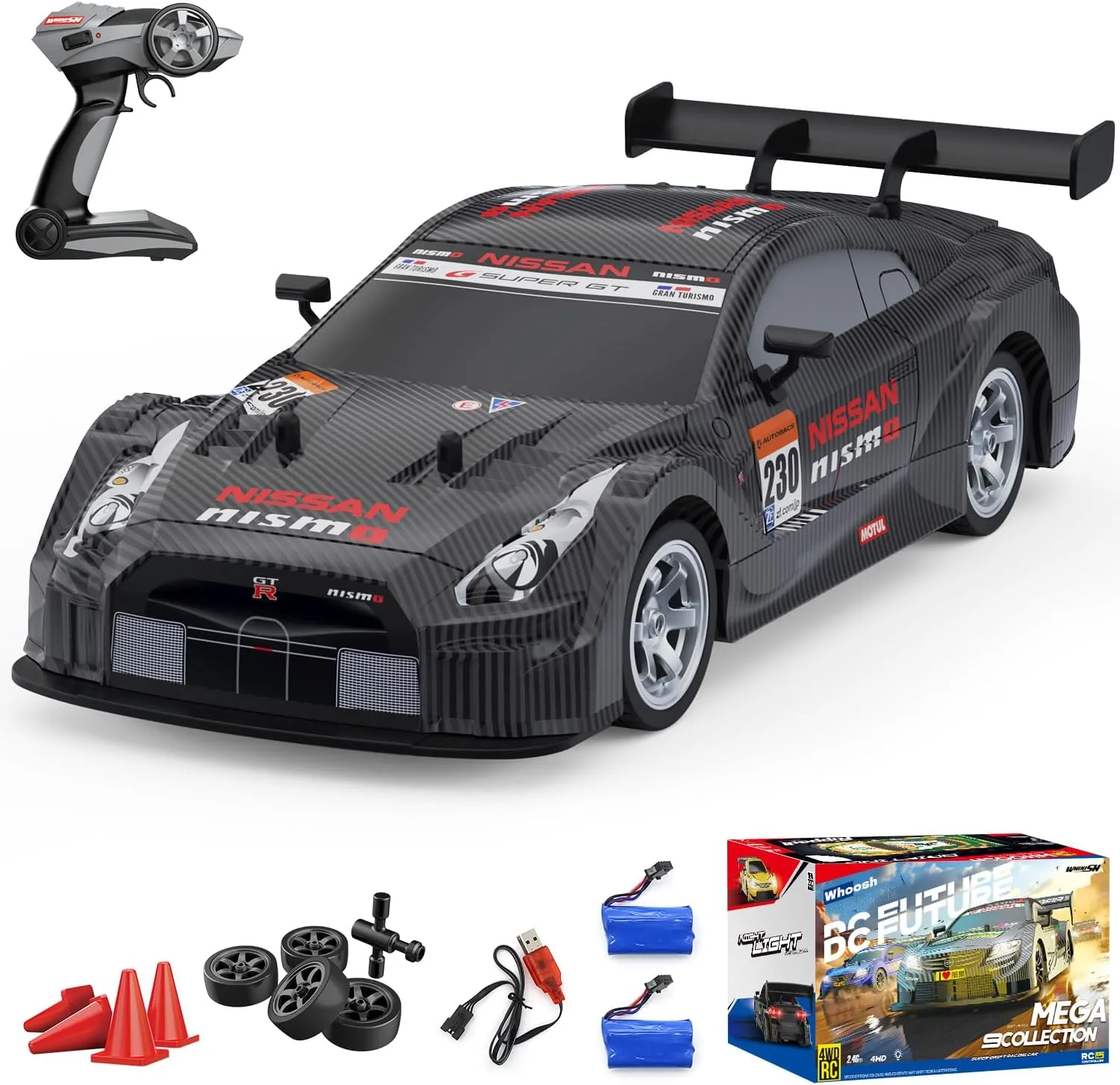 Dollox RC Drift Car 1/16 Scale Remote Control Car 2.4GHz 4WD 30 KM/H High Speed Vehicle with LED Lights, Extra Drifting Tires Racing Black Vehicle Toys Birthday Gifts (191AB) (Black&Red)