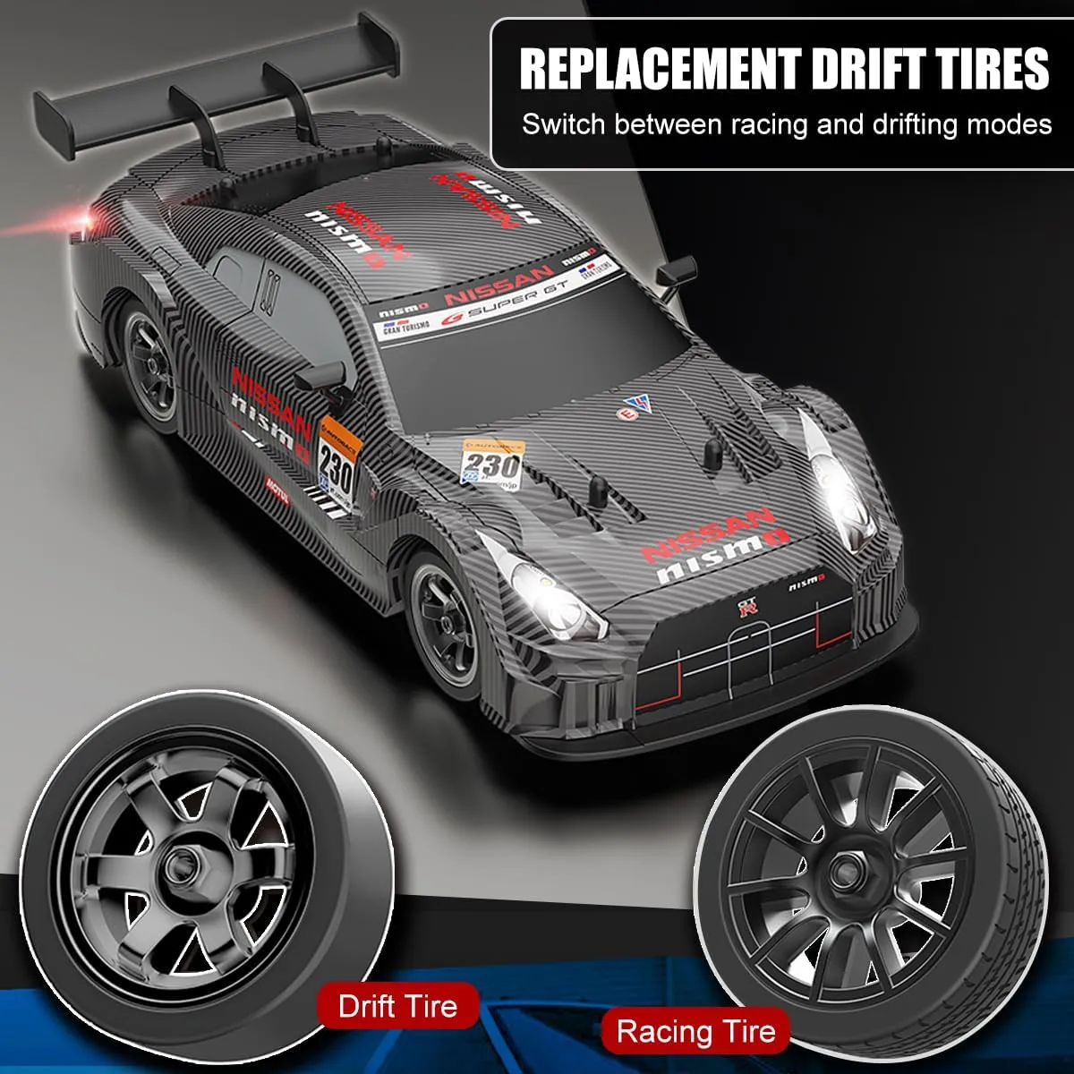 Dollox RC Drift Car 1/16 Scale Remote Control Car 2.4GHz 4WD 30 KM/H High Speed Vehicle with LED Lights, Extra Drifting Tires Racing Black Vehicle Toys Birthday Gifts (191AB) (Black&Red)