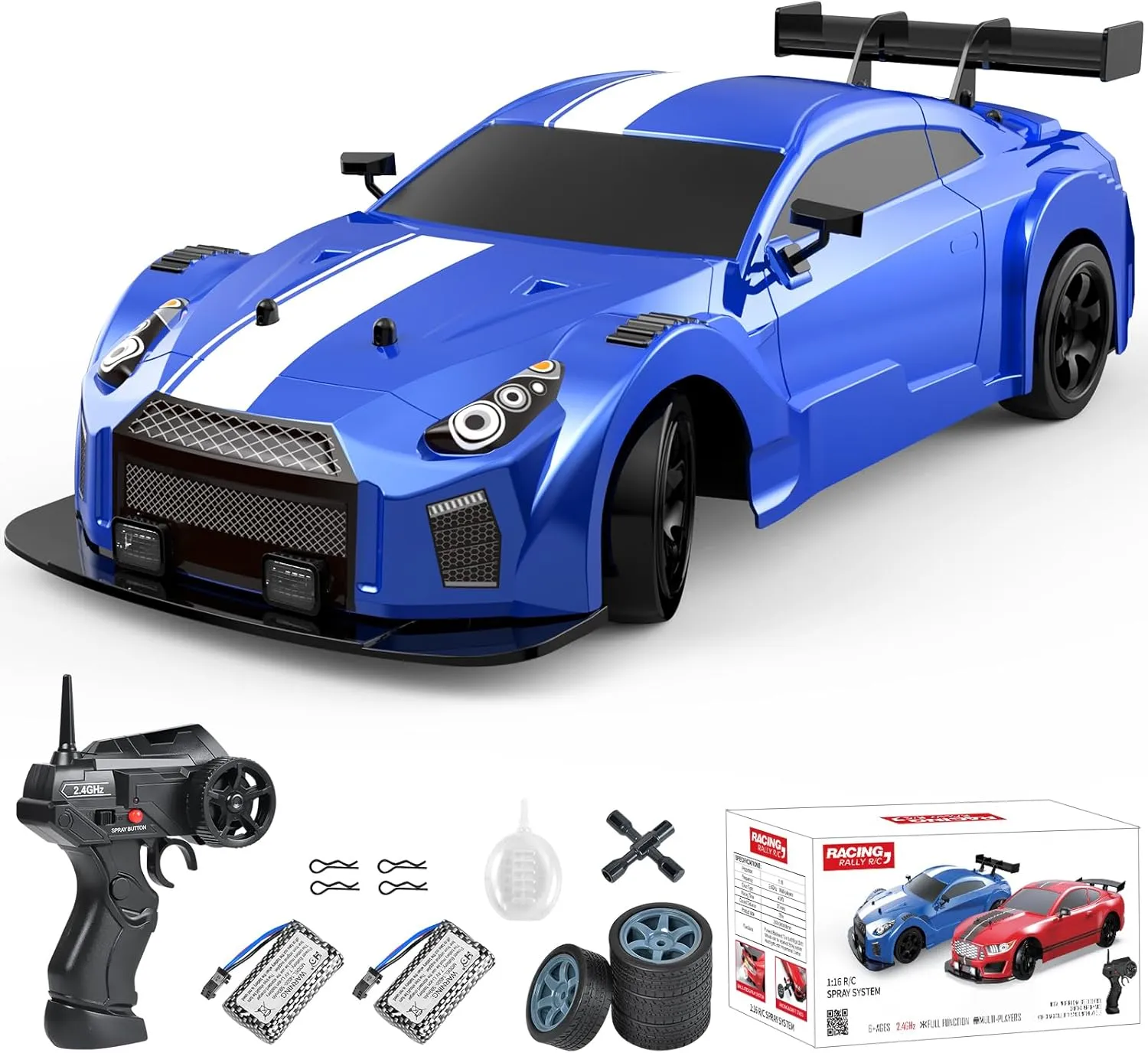 Dollox RC Drift Car 1/16 Scale Remote Control Car 2.4GHz 4WD High Speed 18 KM/H Vehicle with LED Lights and Spray, Extra Drifting Tires Racing Vehicle Toys Birthday Gifts for Adults Boys, 2 Batteries