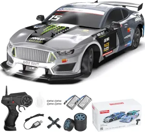 Dollox Remote Control Car 1/16 Scale RC Drift Car 2.4GHz 4WD High Speed 18 KM/H Vehicle with LED Lights and Spray, Extra Drifting Tires Racing Vehicle Toys Birthday Gifts for Adults Boys, 2 Batteries