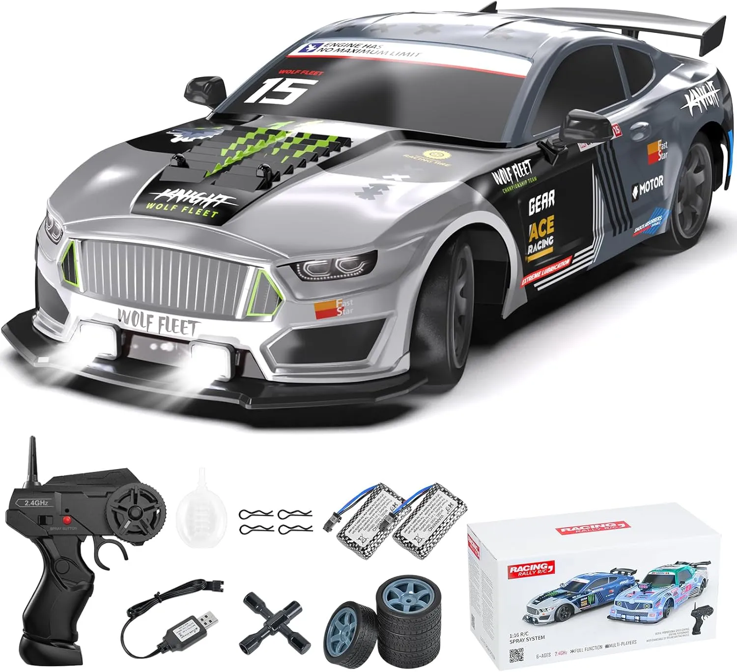 Dollox Remote Control Car 1/16 Scale RC Drift Car 2.4GHz 4WD High Speed 18 KM/H Vehicle with LED Lights and Spray, Extra Drifting Tires Racing Vehicle Toys Birthday Gifts for Adults Boys, 2 Batteries