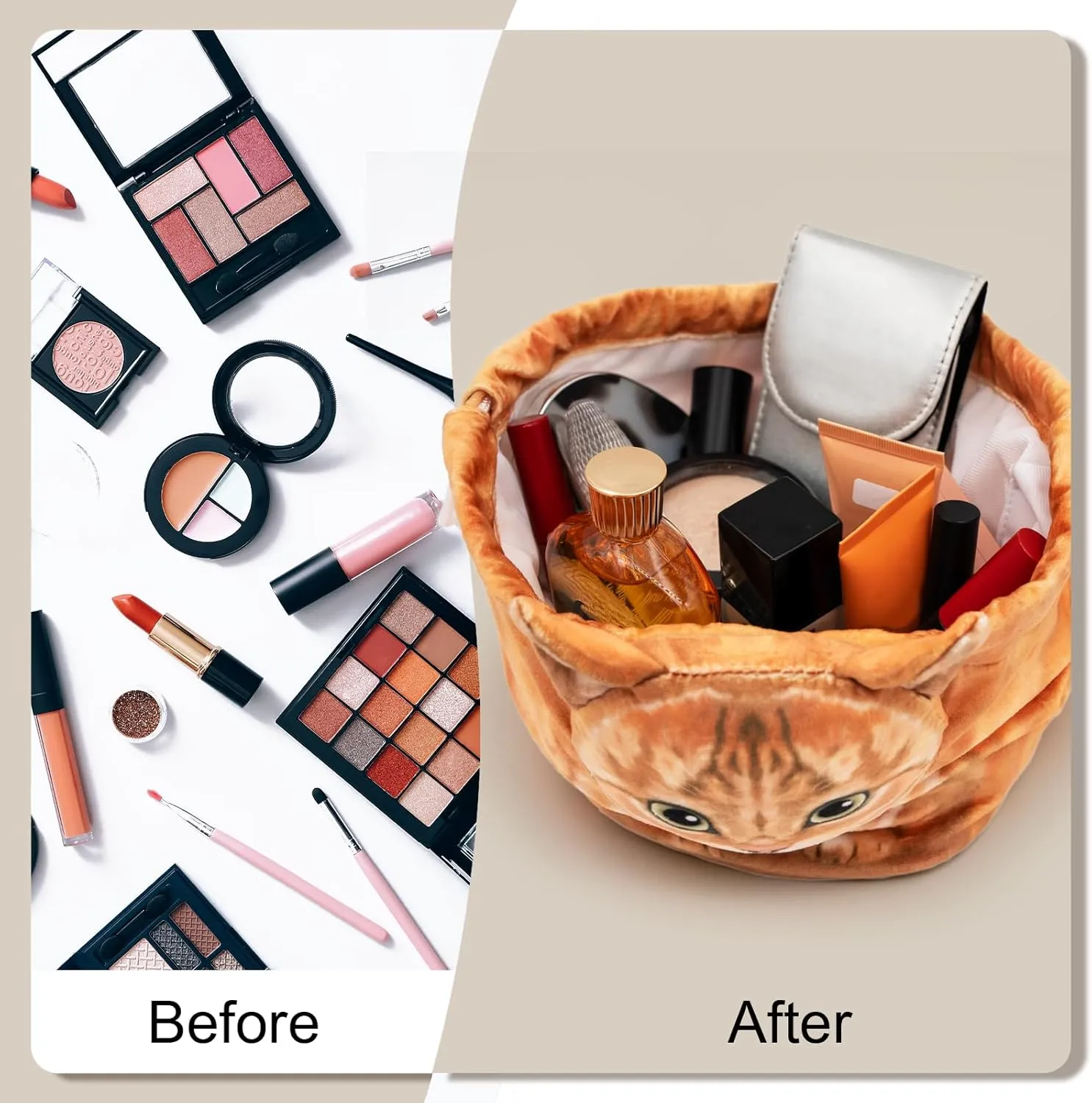 Drawstring Makeup Bag, Cute Cat Travel Makeup Bag Gifts for Women, Large Cosmetic Bag for Women, Makeup Bag Organizer, Makeup Pouch for Purse, Travel Toiletry Bag (Orange Cat)