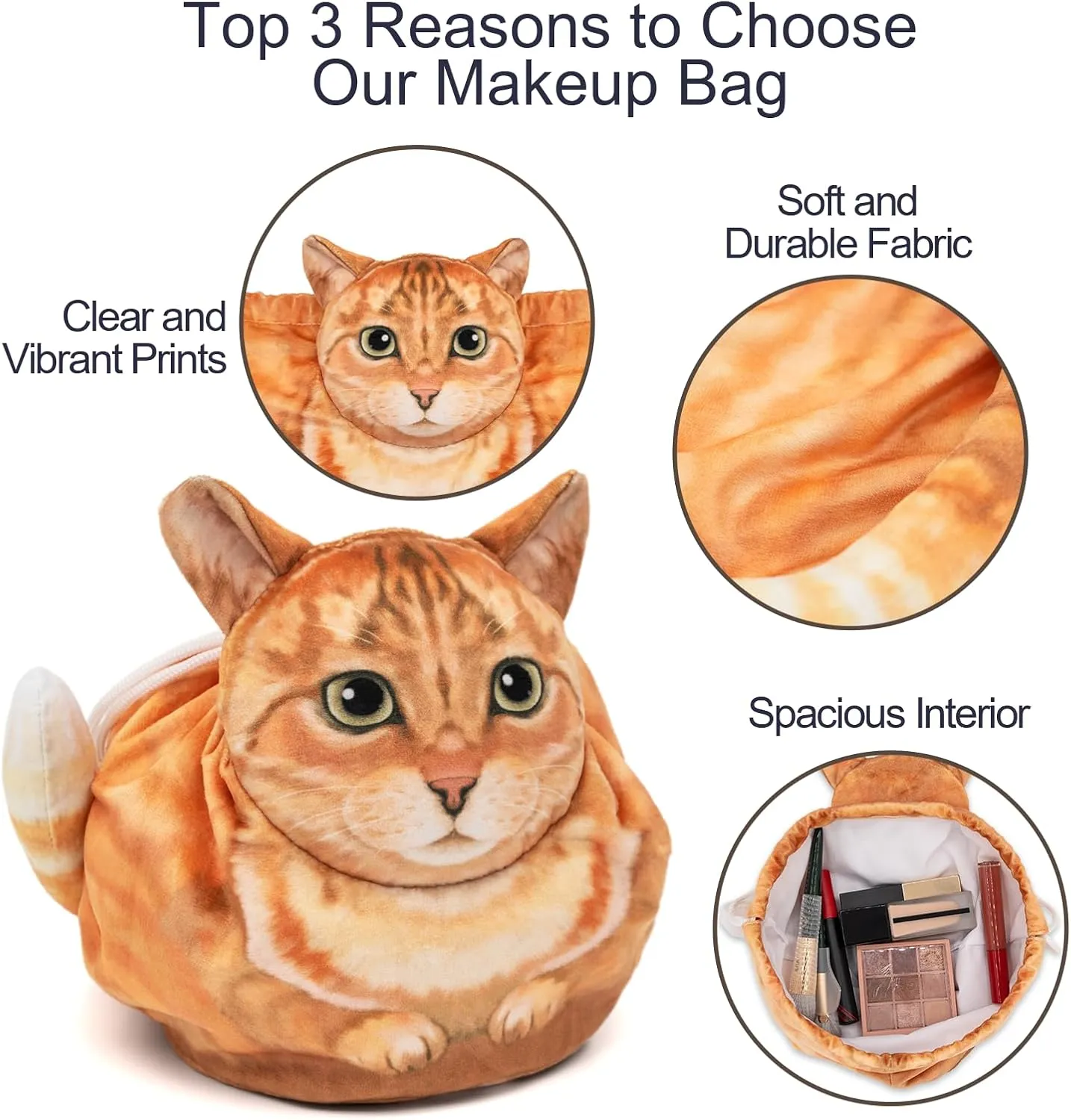 Drawstring Makeup Bag, Cute Cat Travel Makeup Bag Gifts for Women, Large Cosmetic Bag for Women, Makeup Bag Organizer, Makeup Pouch for Purse, Travel Toiletry Bag (Orange Cat)