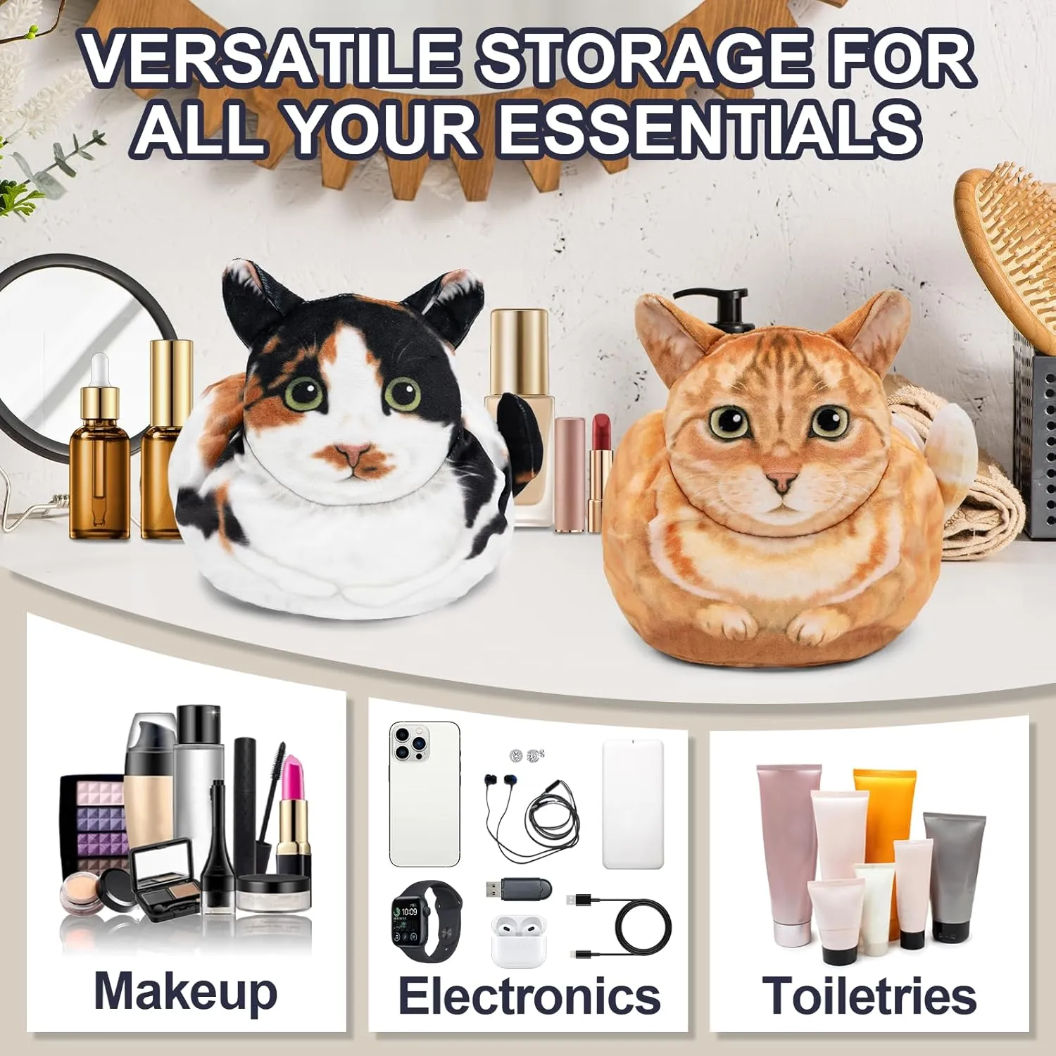 Drawstring Makeup Bag, Cute Cat Travel Makeup Bag Gifts for Women, Large Cosmetic Bag for Women, Makeup Bag Organizer, Makeup Pouch for Purse, Travel Toiletry Bag (Orange Cat)