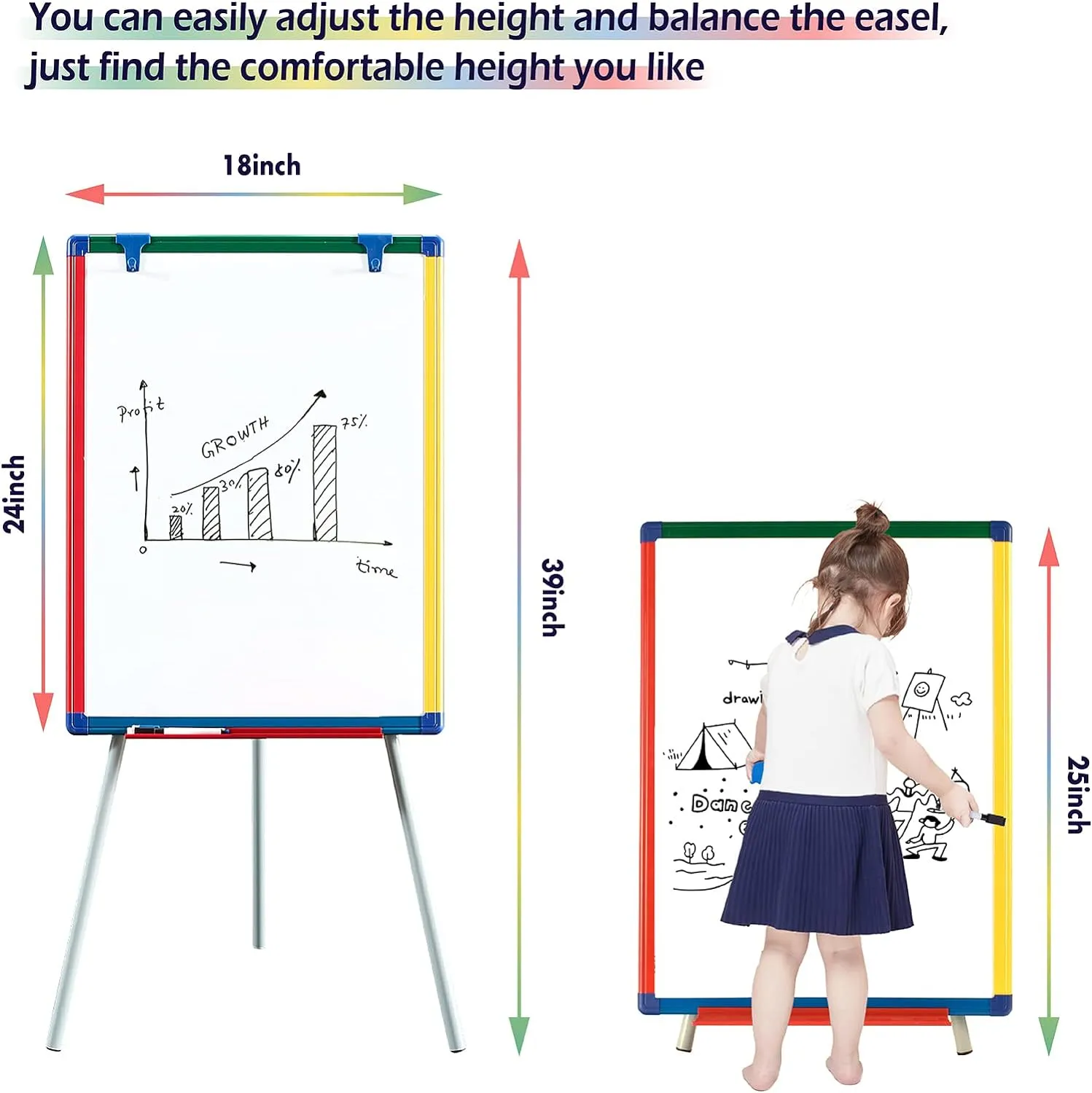 Dry Erase Board White Board for Kids 24x18 inch Art Easel for Kids Magnetic Tripod Whiteboard Art Easel and Flipchart Board with a Height-Adjustable Stand Perfect for Kid