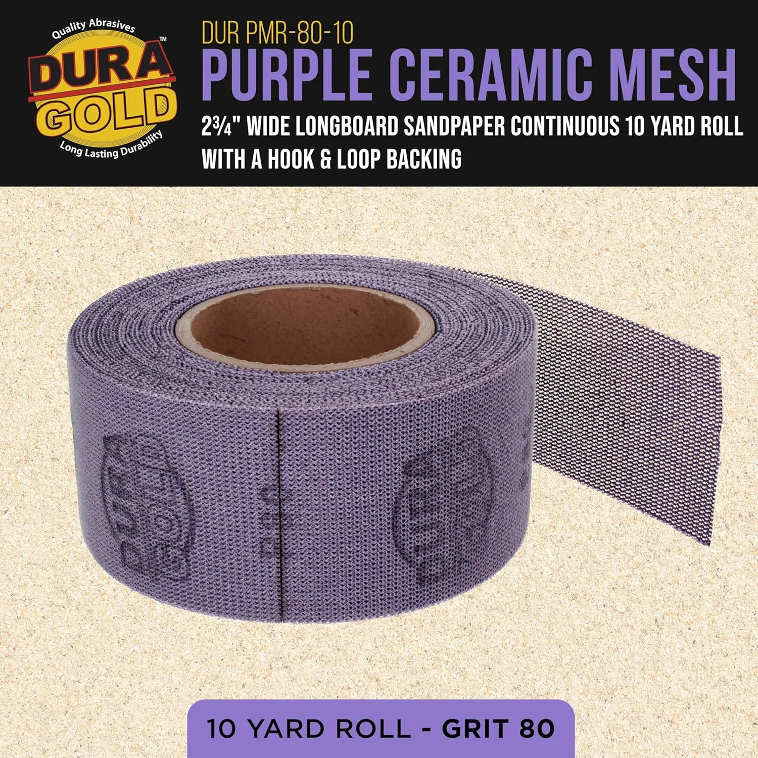 Dura-Gold Premium 80 Grit Purple Ceramic Mesh Longboard Sandpaper, 2-3/4" Wide Continuous 10 Yard Roll - Dustless Hook & Loop Backing for Auto & Woodworking Air File Long Board Sanders, Sanding Block
