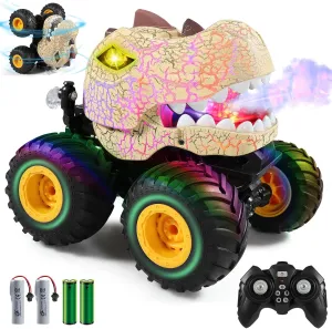 DYODYORC Remote Control Car, 2.4Ghz All Terrain Dinosaur Monster Truck Toys, RC Truck with Spay, Music, 3 Lighting Effects, Stunt Capable, Toy Gifts for Boys and Girls (Yellow)