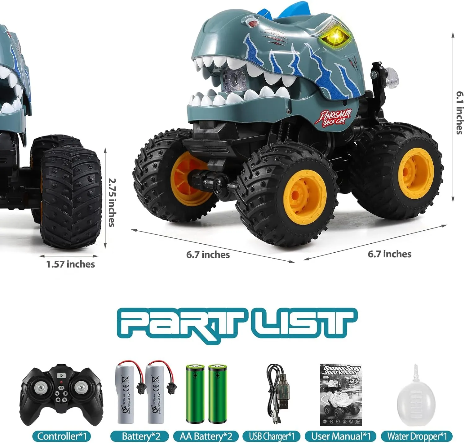 DYODYORC Remote Control Car, 2.4Ghz All Terrain Dinosaur Monster Truck Toys, RC Truck with Spay, Music, 360 Stunt Capable, All Included Ready to Run, Toy Gifts for Boys and Girls (Gray)