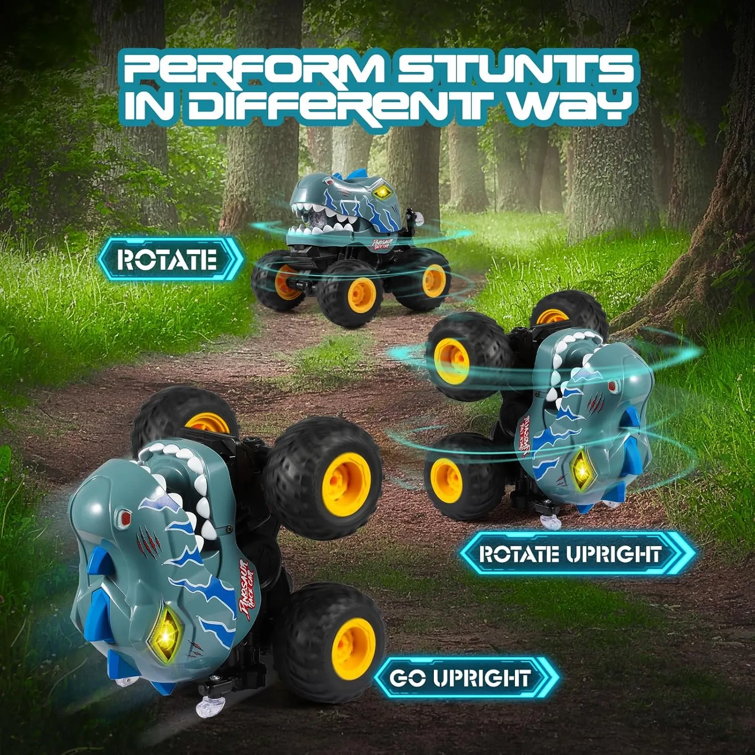 DYODYORC Remote Control Car, 2.4Ghz All Terrain Dinosaur Monster Truck Toys, RC Truck with Spay, Music, 360 Stunt Capable, All Included Ready to Run, Toy Gifts for Boys and Girls (Gray)