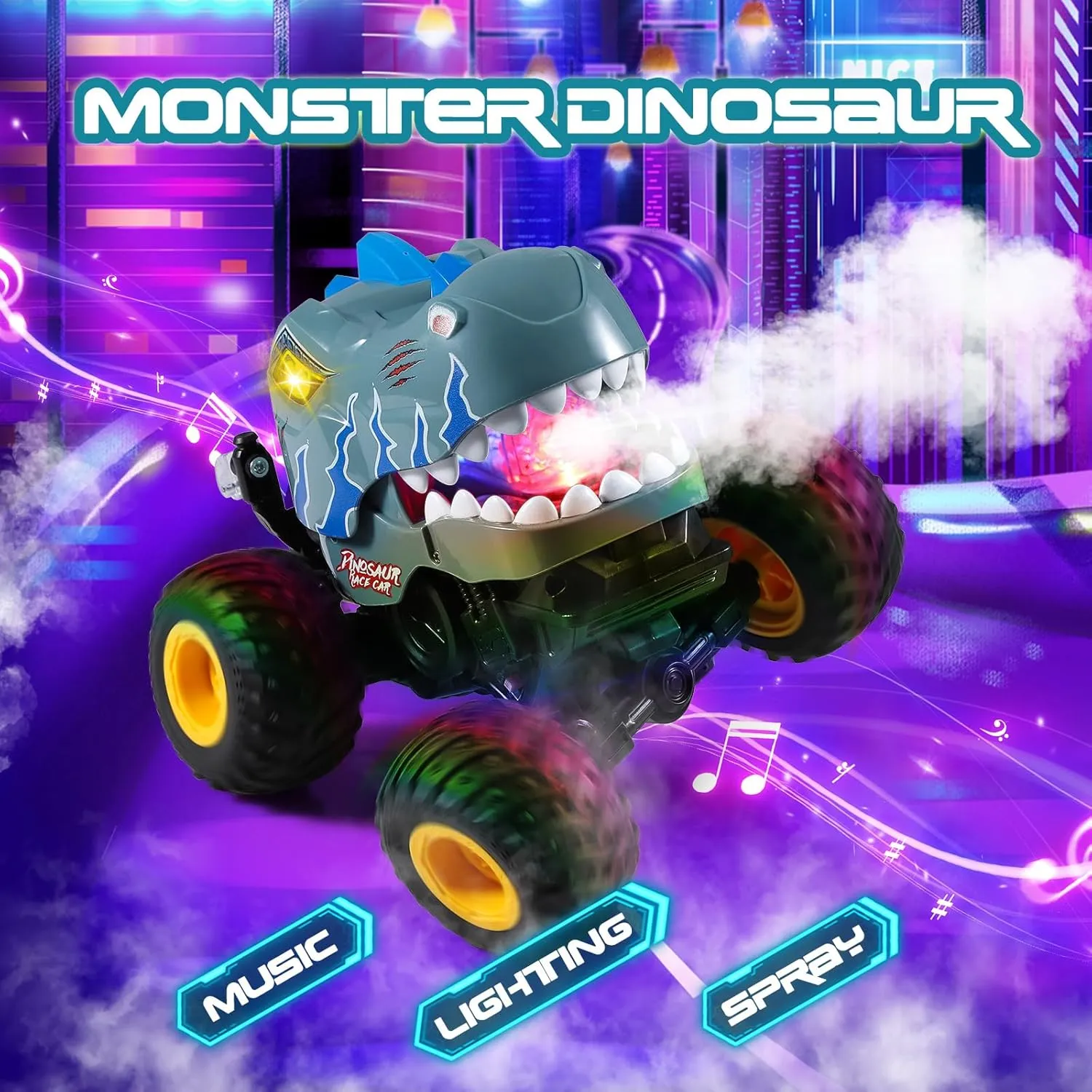 DYODYORC Remote Control Car, 2.4Ghz All Terrain Dinosaur Monster Truck Toys, RC Truck with Spay, Music, 360 Stunt Capable, All Included Ready to Run, Toy Gifts for Boys and Girls (Gray)