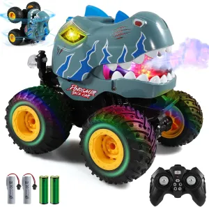 DYODYORC Remote Control Car, 2.4Ghz All Terrain Dinosaur Monster Truck Toys, RC Truck with Spay, Music, 360 Stunt Capable, All Included Ready to Run, Toy Gifts for Boys and Girls (Gray)