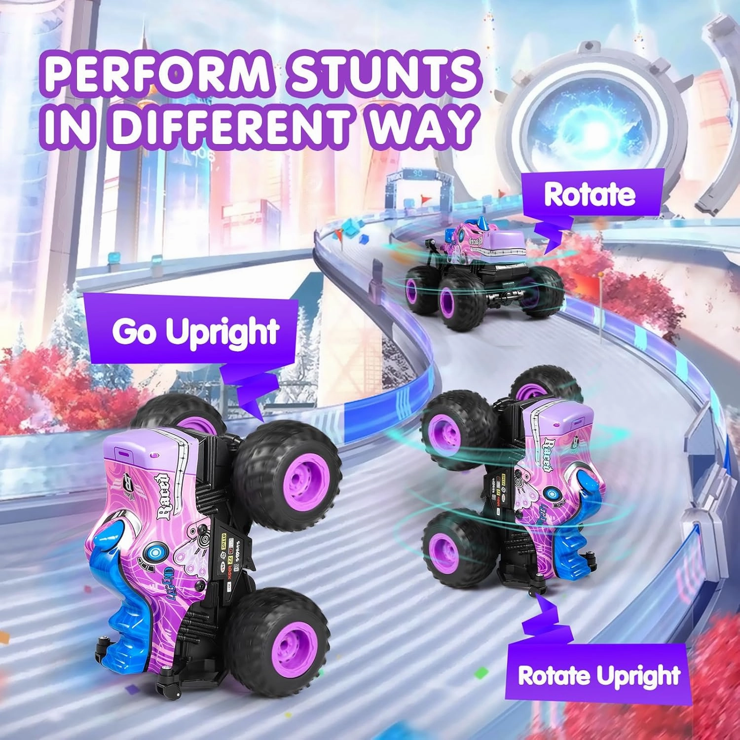 DYODYORC Remote Control Car, 2.4Ghz All Terrain Pony Monster Truck Toys, RC Truck with Music, 3 Lighting Effects, 360 Stunt Capable, All Included Ready to Run, Toy Gifts for Boys and Girls (Pink)