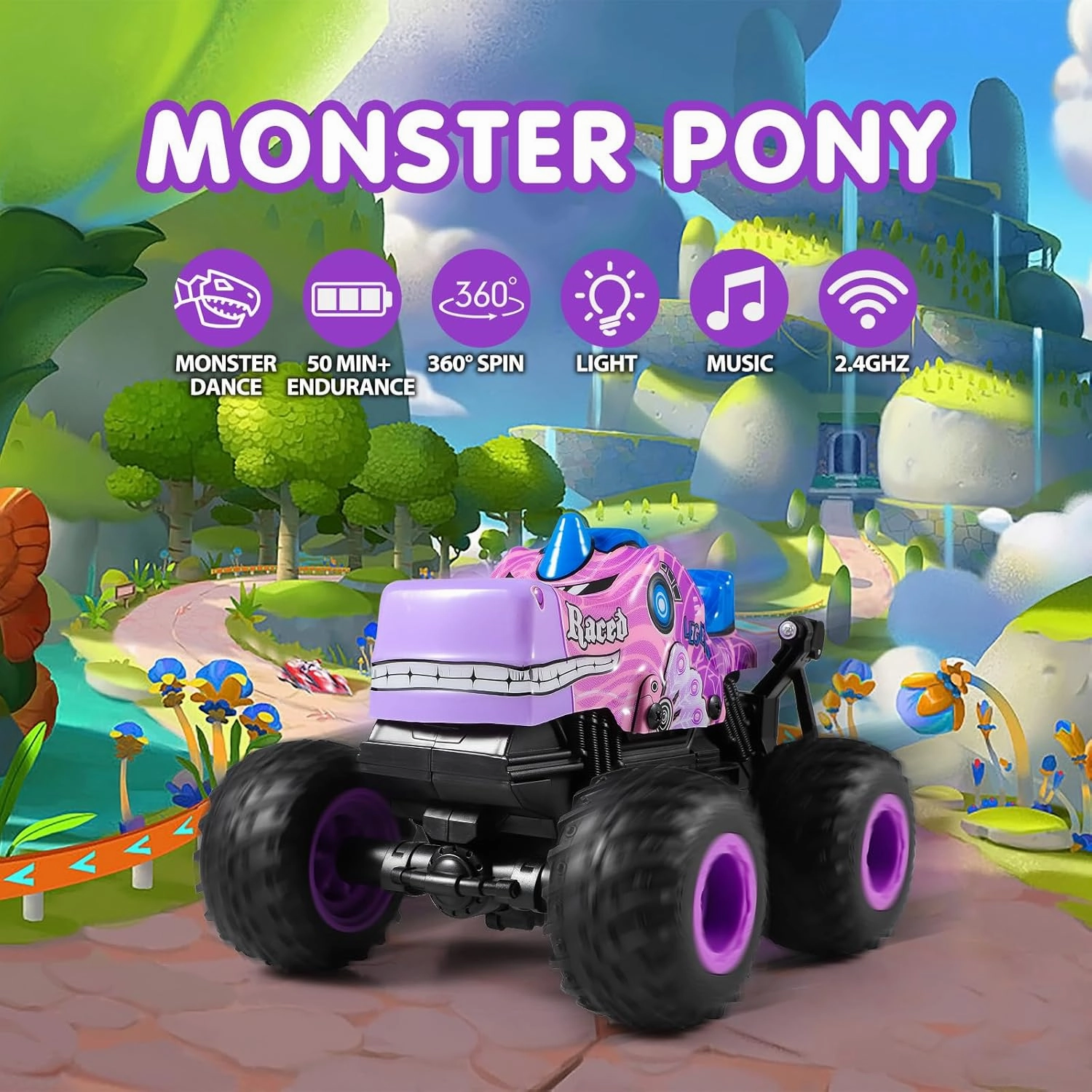 DYODYORC Remote Control Car, 2.4Ghz All Terrain Pony Monster Truck Toys, RC Truck with Music, 3 Lighting Effects, 360 Stunt Capable, All Included Ready to Run, Toy Gifts for Boys and Girls (Pink)