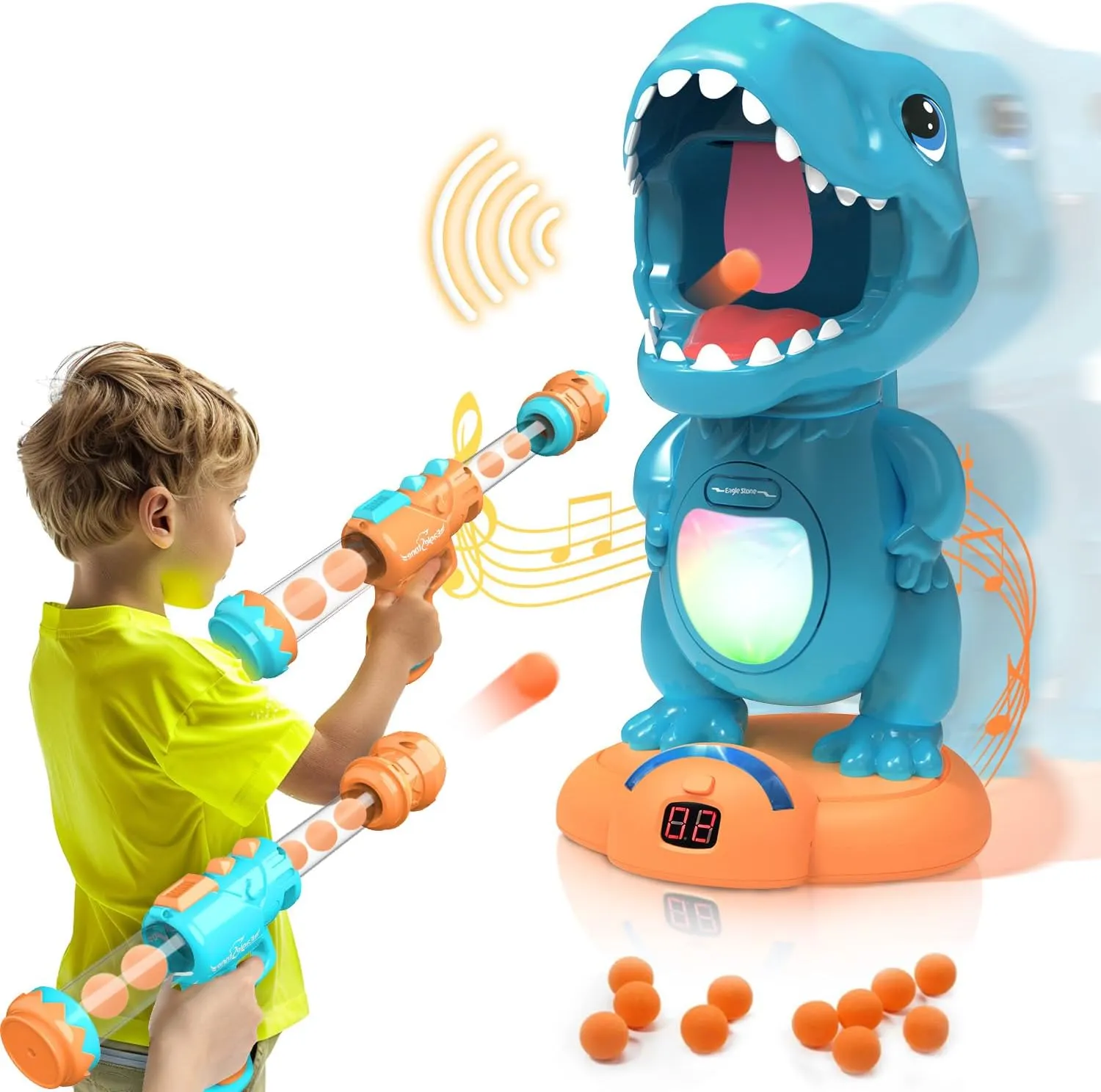 EagleStone Movable Dinosaur Shooting Toys for Boys – Electronic Target Practice with 2 Air Pump Guns, LCD Score Tracker, Sound Effects & 48 Foam Balls, for Kids 5 6 7 8 9