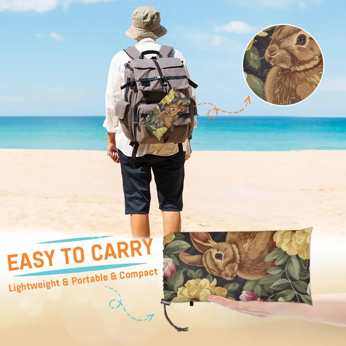 Easter Cute Bunny Beach Blanket, Sandproof Beach Mat, Adults Waterproof Quick Drying Sand Free Mat with 4 x Ground Spikes for Outdoor Travel Camping Hiking, Spring Leaves Rabbit