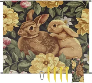 Easter Cute Bunny Beach Blanket, Sandproof Beach Mat, Adults Waterproof Quick Drying Sand Free Mat with 4 x Ground Spikes for Outdoor Travel Camping Hiking, Spring Leaves Rabbit