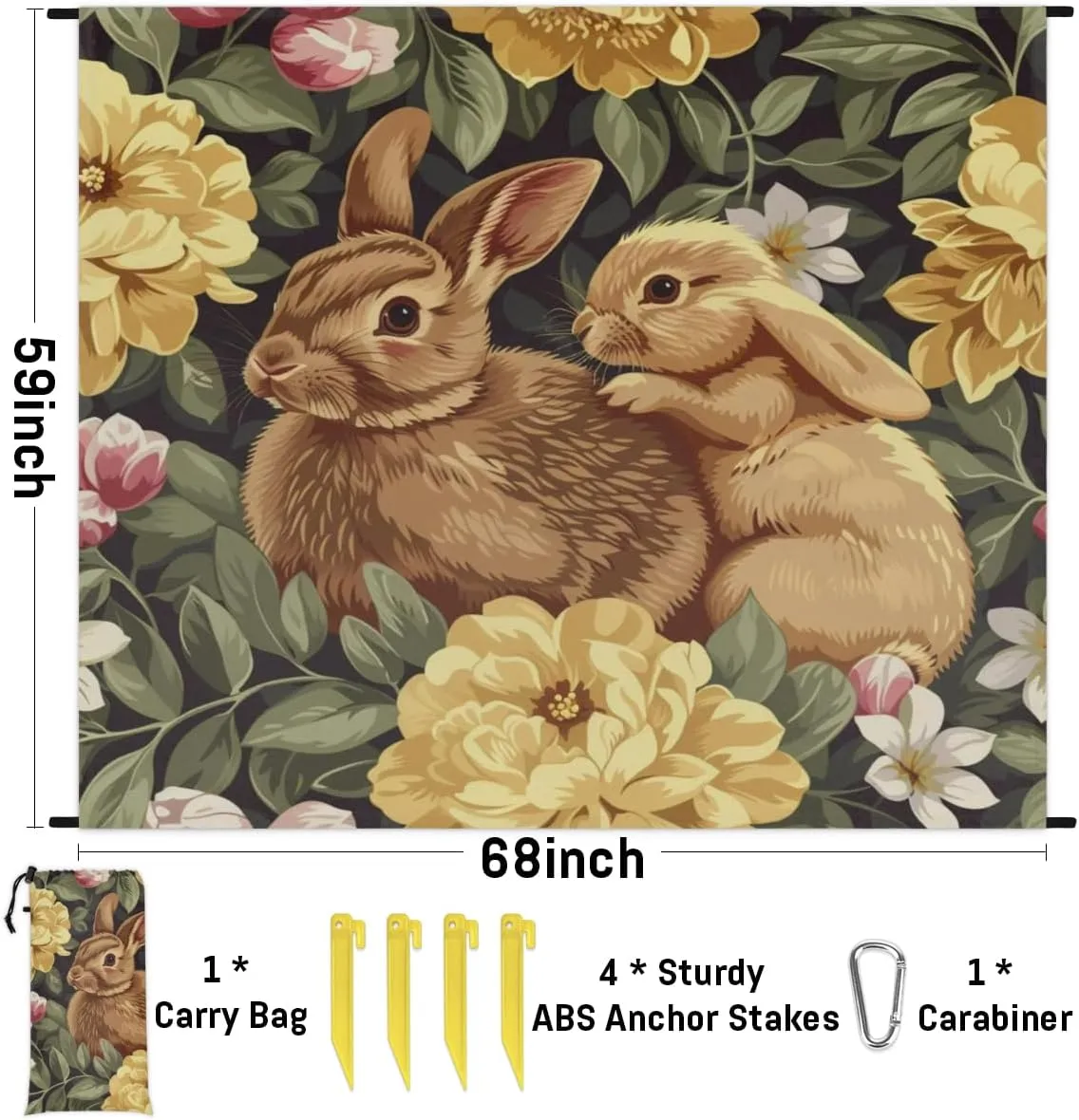 Easter Cute Bunny Beach Blanket, Sandproof Beach Mat, Adults Waterproof Quick Drying Sand Free Mat with 4 x Ground Spikes for Outdoor Travel Camping Hiking, Spring Leaves Rabbit