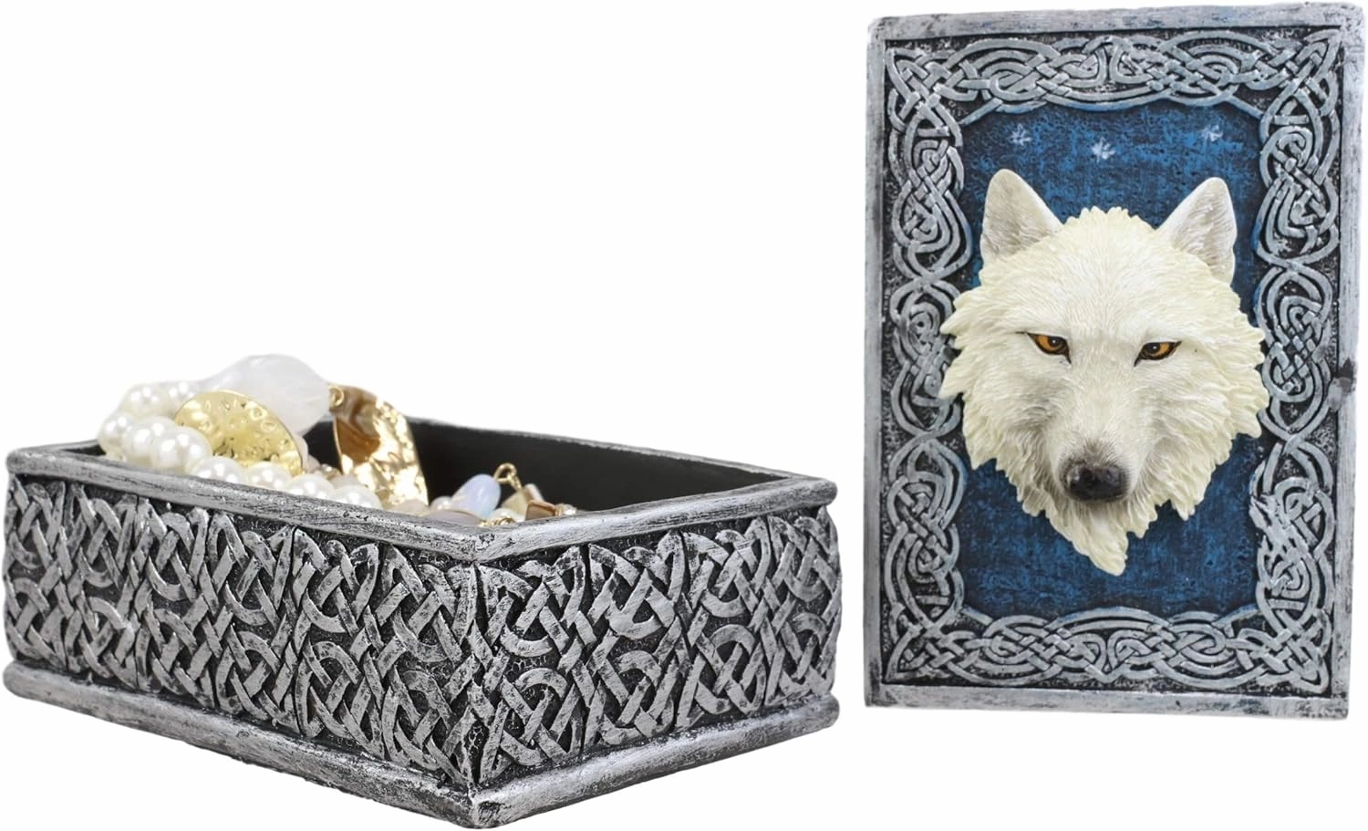 Ebros Gift Celtic Blue Starry Night Element Alpha Wolf Rectangular Decorative Box Figurine As Keepsake Jewelry Stash Storage Decor of Timberwolves Wolves Animal Totem Spirit Sculpture (Snow White)