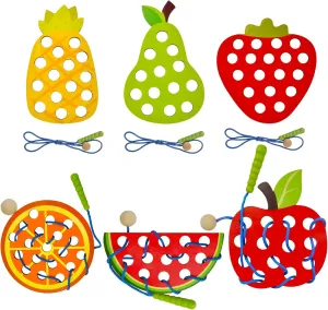 ECam 6 Pcs Lacing Toy for Toddlers, Wooden Threading Toys, Educational and Learning Montessori Activity for Baby and Kids, Fine Motor Skill Toys, Apple Pear Strawberry Watermelon Orange Pineapple