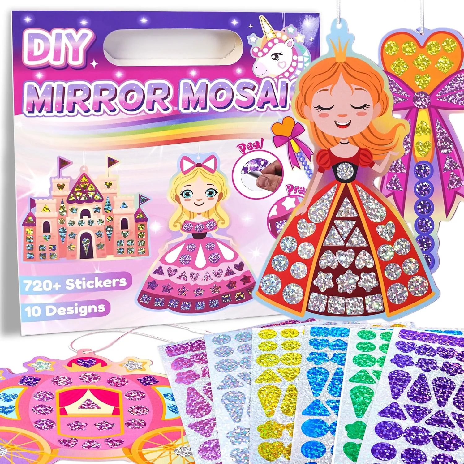 EDSPORTSHOUSE Mosaic Foil Stickers Craft Kits for Kids - Unicorns & Princesses,DIY Party Favors Craft Activity,Travel Toys,Birthday Gifts for Girls Ages 3,4,5,6,7,8