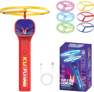 Electric Disc Launcher with 6 Flying Spinners, Glow-in-The-Dark Interactive Outdoor Flying Disc Launcher Toy for Kids & Adults,Rechargeable Spinning Fidget Toys for Endless Fun (Red)